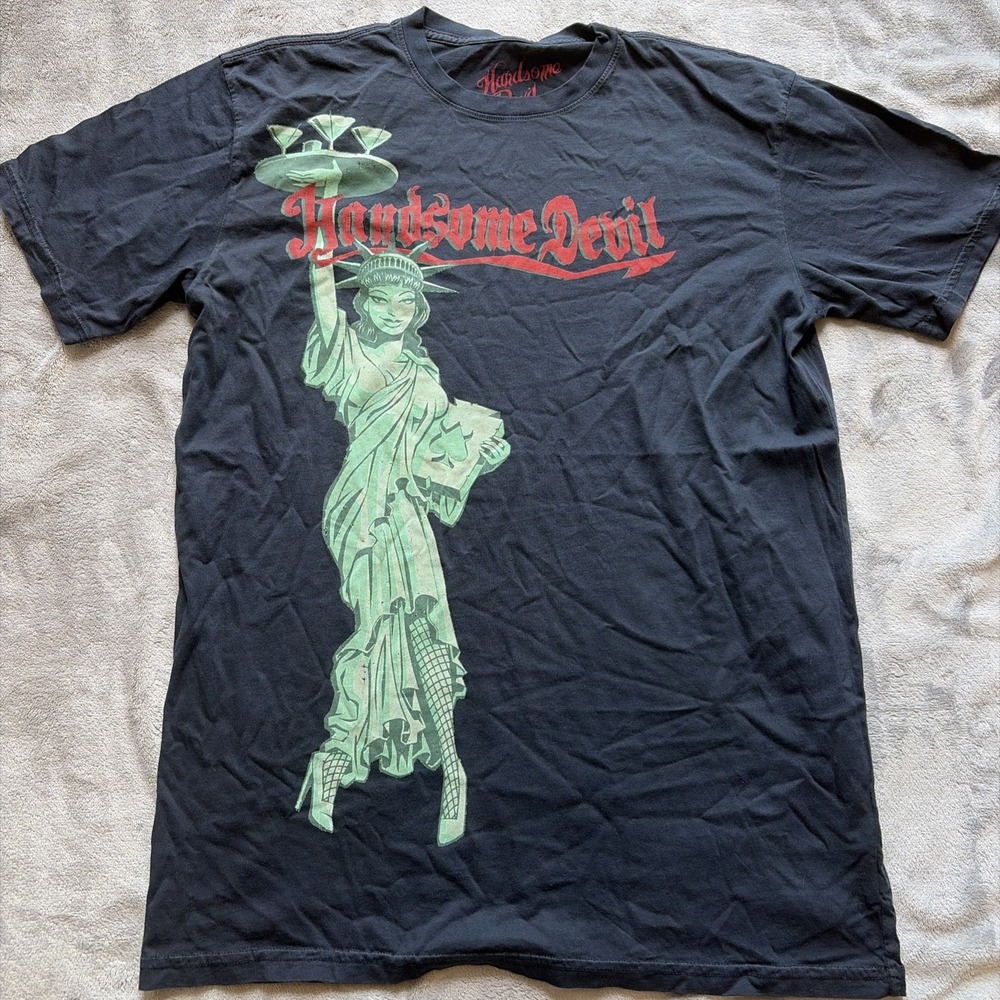 HANDSOME DEVIL SHIRT MEN'S XL Black Made In USA Cotton Lady Statue Liberty Y2K